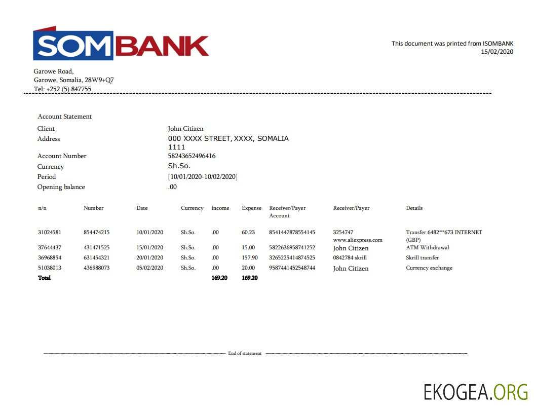 Modèle de relevé bancaire Somalie Sombank au format Word et PDF